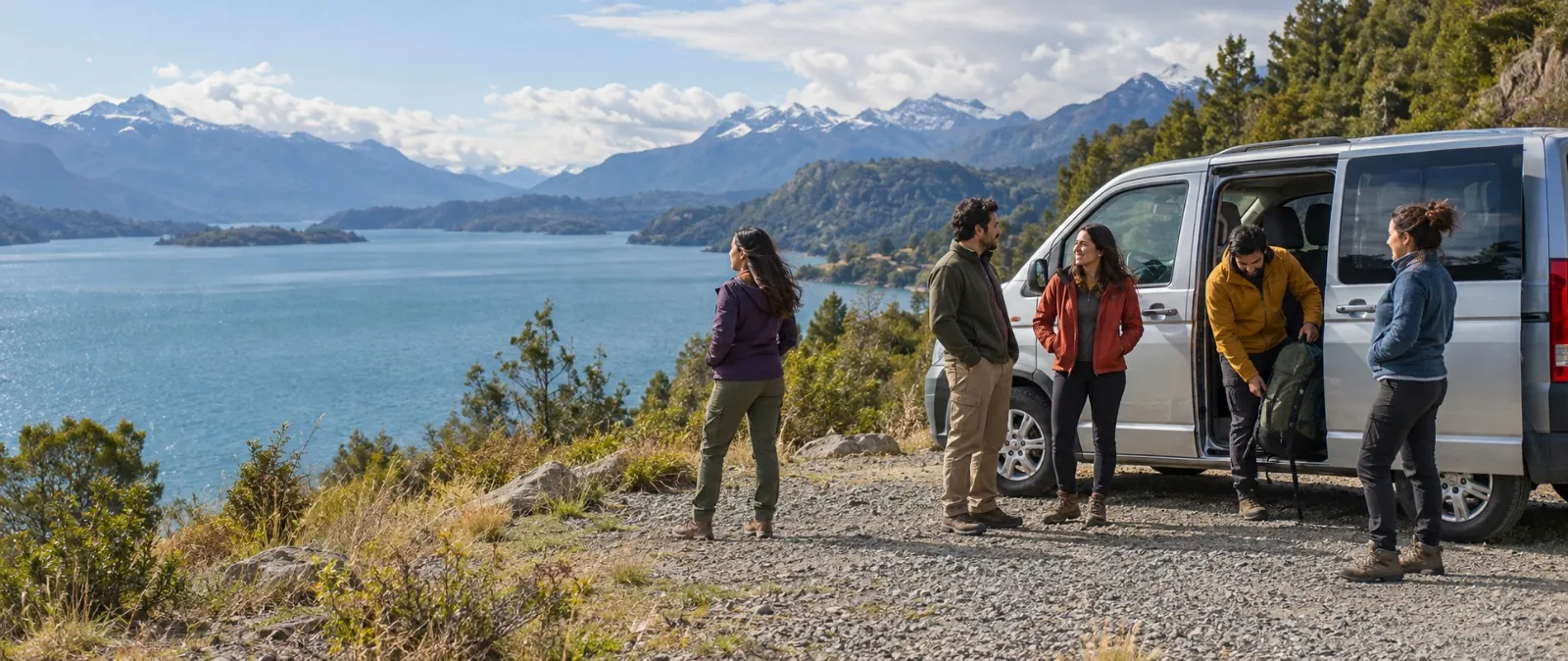 Grupo de amigos junto a una van en un mirador de ripio sobre un lago y montañas nevadas del sur de Chile